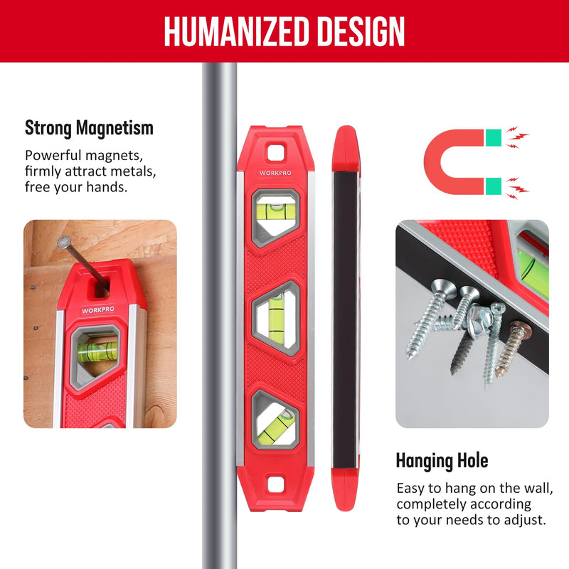WORKPRO spirit level magnetic 23 cm, mini spirit level torpedo spirit level with 3 levels 45°/90°/180°, impact-resistant block level, aluminum frame, strong magnet, can be read from above, for construction professionals