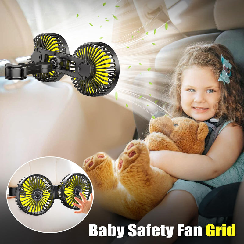 Car Fan, Dual Heads Car Fan for Backseat USB Car Rear Seat Fan Car Cooling Fan, 3 Speeds 360° Rotatable Strong Wind Portable USB Fan with Adjustable Clip Electric Car Fans for Vehicles RV SUV Truck