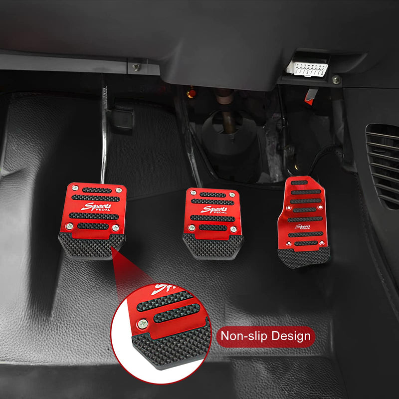 jeseny 3 PCS Car Non-Slip Aluminum Alloy Pedal Pads, Manual/Automatic Gearbox Gas Pedal Brake Pedal Cover, Anti-rubbing Car Clutch Pedal Kits, Auto Universal Replacement Accessories (Red) Red