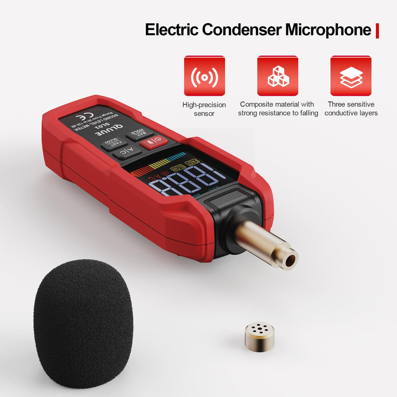 QLUUE Sound Level Meter Digital Portable Decibel Meter 30dB to 130dB A/C Weighted LCD Display Can be used at home, factory and street