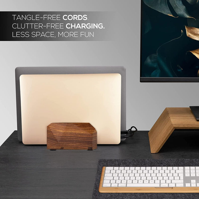 Premium Vertical Laptop Stand – Wooden Dock for MacBook & Laptops | Dual Dock Slot | Ergonomic Desktop Holder & Space-Saving Office Desk Accessory (Indian Rosewood)
