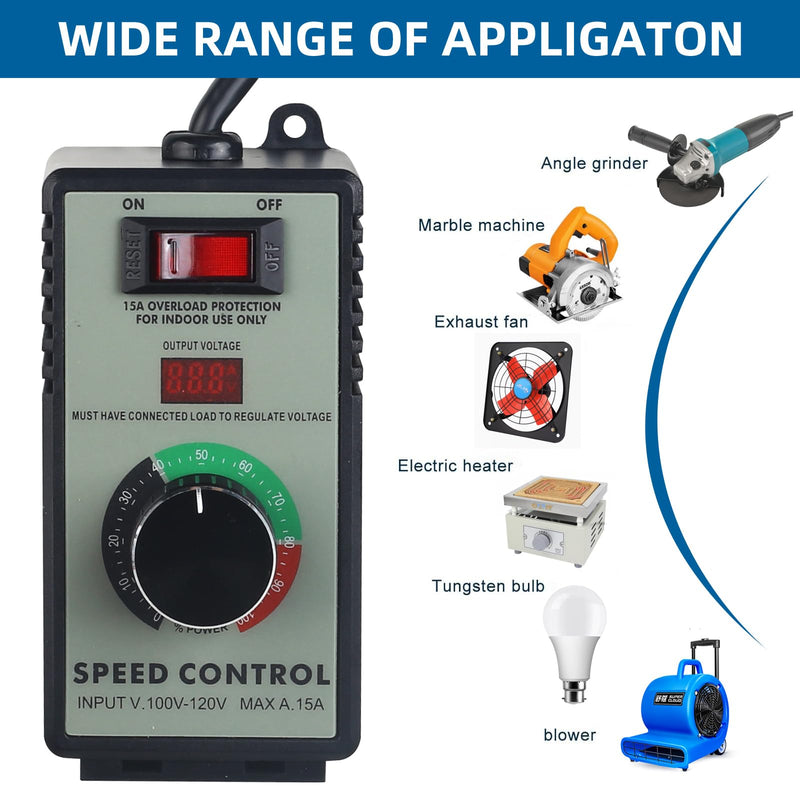 Versatile AC Motor Speed Controller - 100V-120V, 15A Max - Electric Fan Speed Regulator with Overload Protection, Electronic Voltage Regulation, and Voltage LED Display