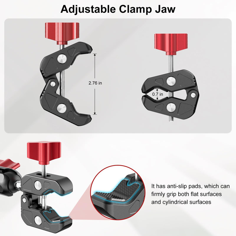 Camera Mount Super Clamp, Double Ballhead Magic Arm Clamp for GoPrO/Pocket 3 /lnsta360 X3 X4 /DSLR/Monitor/LED Light/Flash/Microphone,360°Rotating & 1/4”Screw & CNC Ebike Handlebar Clip Kit, JC008 JC008 Clamp Kit