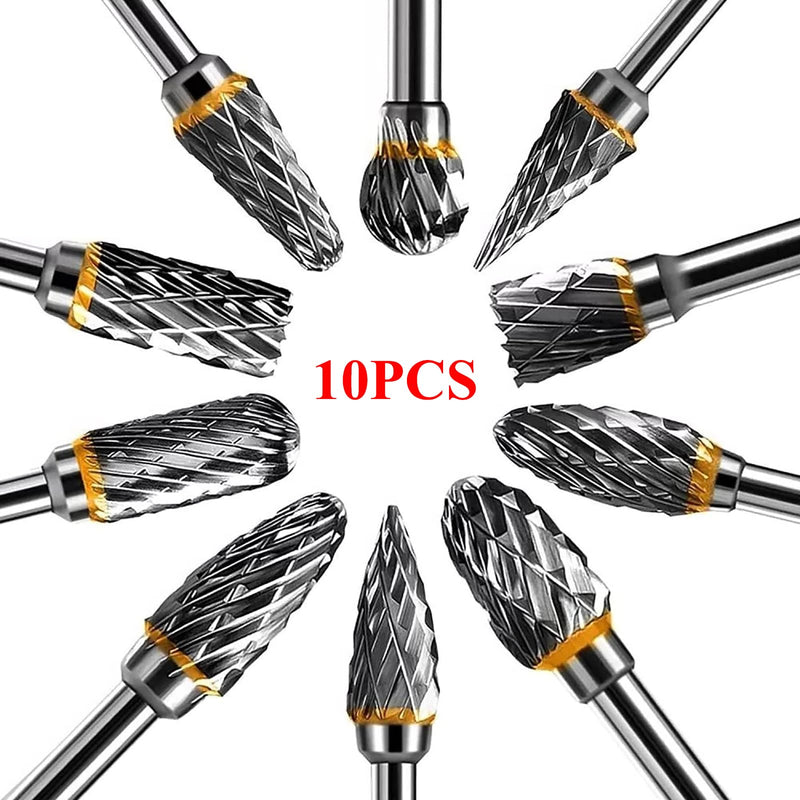 10 pieces double cut burrs carbide 3 mm shank 6 mm grinding head | Rotary Cutter Bits Rasp Set for Grinding Carving Metal Polishing Engraving Drilling