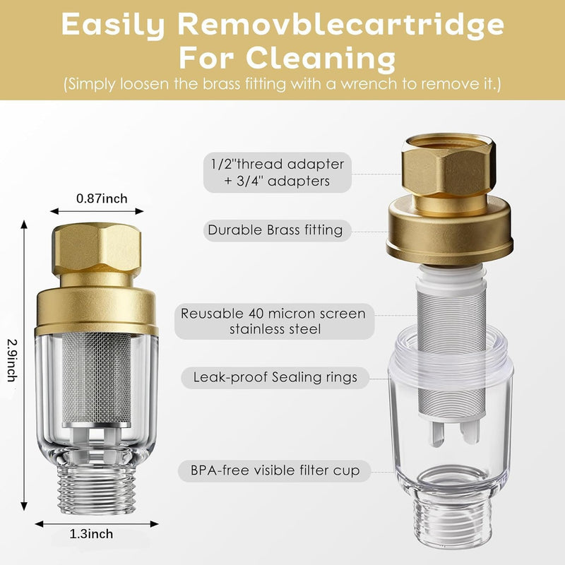 2 Pack Sediment Water Filter for Washing Machine, Inline Water Pre-Filter with 3/4" Adapters & Extension Tubes, 50 Micron, Reusable Stainless Steel Screen Brass PreFilter for Water Heater, Faucet