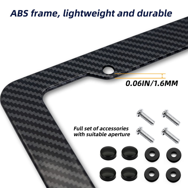 Black Carbon Fiber License Plate Frame, 2 Pack Glossy Waterproof Plastic Number Plate Frame Print Carbon Fiber Pattern for Man and Women (with Fasteners and Screws)