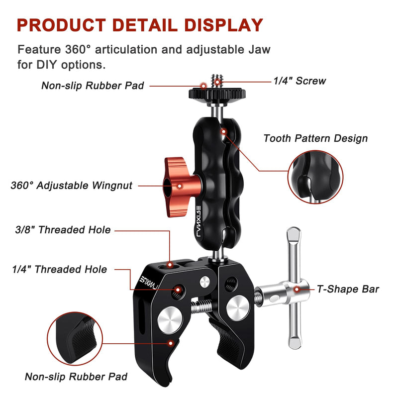 Super Clamp Camera Mount with Double Ball Head Adapter for Ronin-M/Ronin MX/Insta360/Gopro/DJI Action - 2 Pieces, Max Load 4.4lb/2kg
