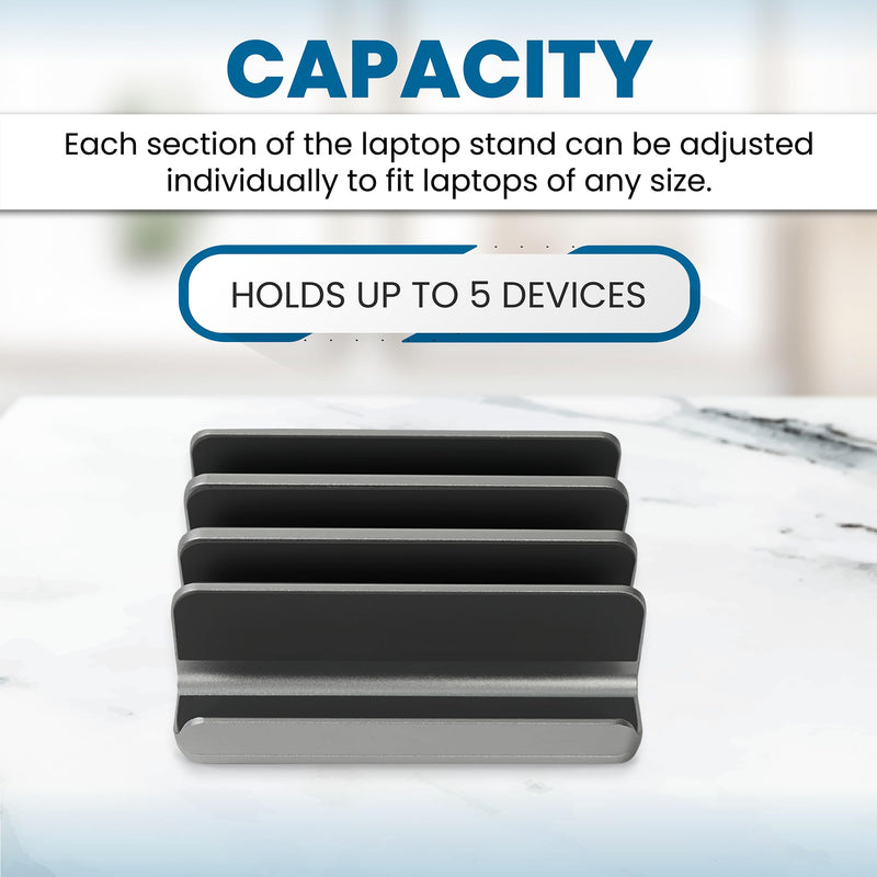 Multiple Laptop Holder Vertical – Adjustable Laptop Vertical Stand Holds 5 Devices, Fits All MacBooks Laptops Tablets and Mobiles (up to 17.3”). Closed Upright Vertical Laptop Stand for Desk Black