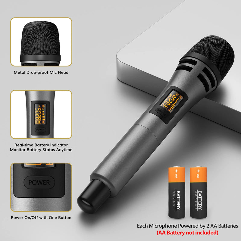 TONOR Wireless Microphones, UHF Dual Karaoke Microphone System, Microfonos Inalambricos with Rechargeable Receiver, Cordless Dynamic Mic Micro Set for Singing, Wedding, DJ, Party, Speech TW320 Grey Dual Mic Grey