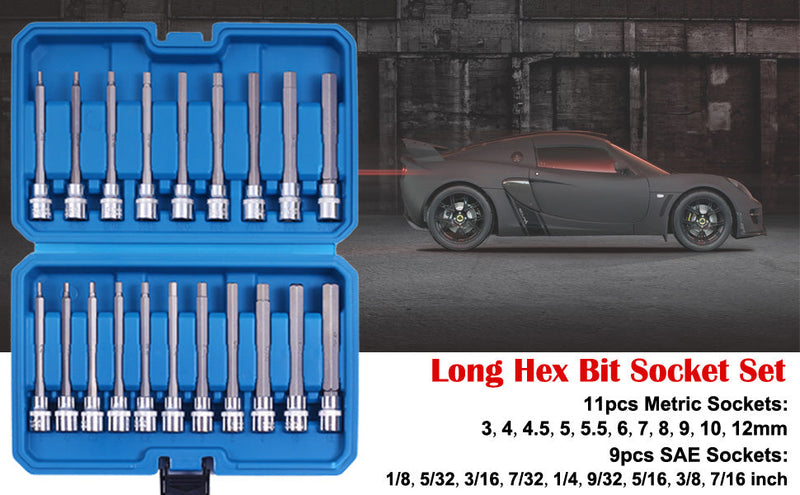 20PCS Extra Long Hex Bit Socket Set 3/8 Inch Drive | Standard SAE & Metric (1/8-Inch - 3/8-Inch, 3-12mm) | S2 Alloy Steel Allen Bits | Heavy Duty Cr-V Sockets Set