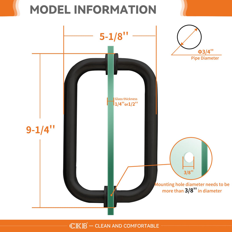 CKB 8" Shower Door Handle, Compatible with 1/4" (6mm) to 1/2" (12mm) Thick, Stainless Steel Double Side Door Pull, Matte Black 8"(Hole to Hole)