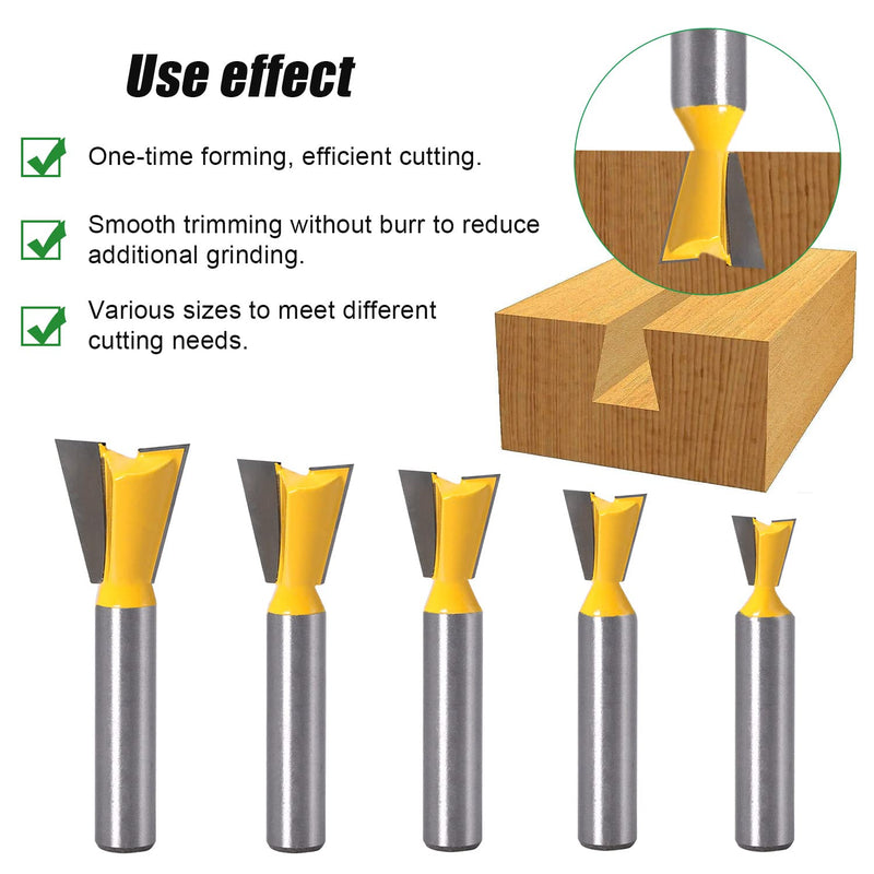 Pack of 5 dovetail face milling cutters 8 mm shank, dovetail milling cutter set, 1/4" 1/2" 3/8" 5/8" 3/4" milling cutter for router 8 mm shank, milling head for router, face milling cutter for wood (5)