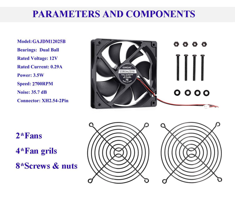 12025 Cooling Fan 120x120x25mm DC 12V Exhaust Fan 2Pcs Dual Ball Bearings Brushless 2Pin XH2.54 2700RPM