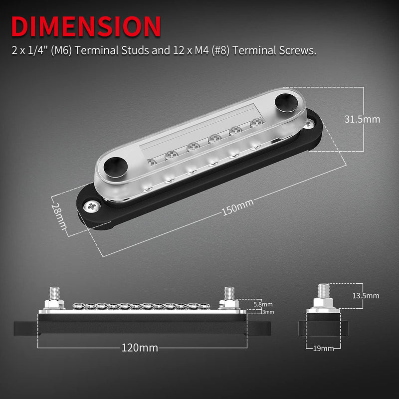 DaierTek 12V Power Distribution Block 2 x 1/4" (M6) Terminal Studs 12 x M4 (#8) Terminal Screws Battery Bus Bar Terminal Block Max 48V Positive & Negative Busbar for Automotive Car Boat 150A-T2M6S12