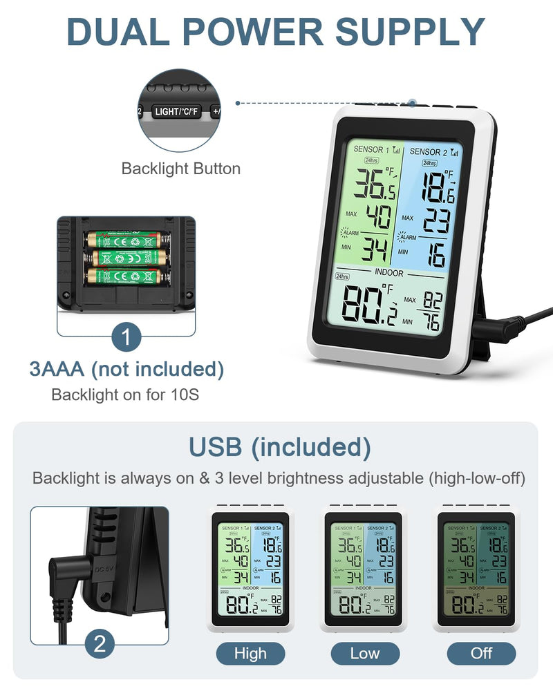 Upgraded Refrigerator Thermometer with Freezer Alarm, Digital Wireless Fridge Thermometer with 2 Sensors, 4.5" LCD Display, ℃/℉, Backlight Min/Max Record for Kitchen Home Restaurant
