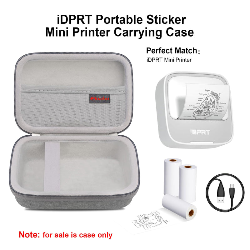 Elonbo Carrying Case for iDPRT Mini Printer, Label Maker Machine Travel Bag, Portable Sticker Thermal Label Printer Storage Holder, Mesh Pocket Fits Printer Paper Label Tape, Grey