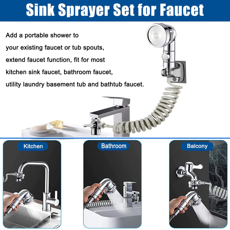 Sink Sprayer Attachment for Faucet, Kitchen Bathroom On/Off Handheld Shower Head with Flexible Hose, Faucet Aerator & Diverter Valve, Connect Different Sink Faucets, for Hair Washing Pet Shower Silver