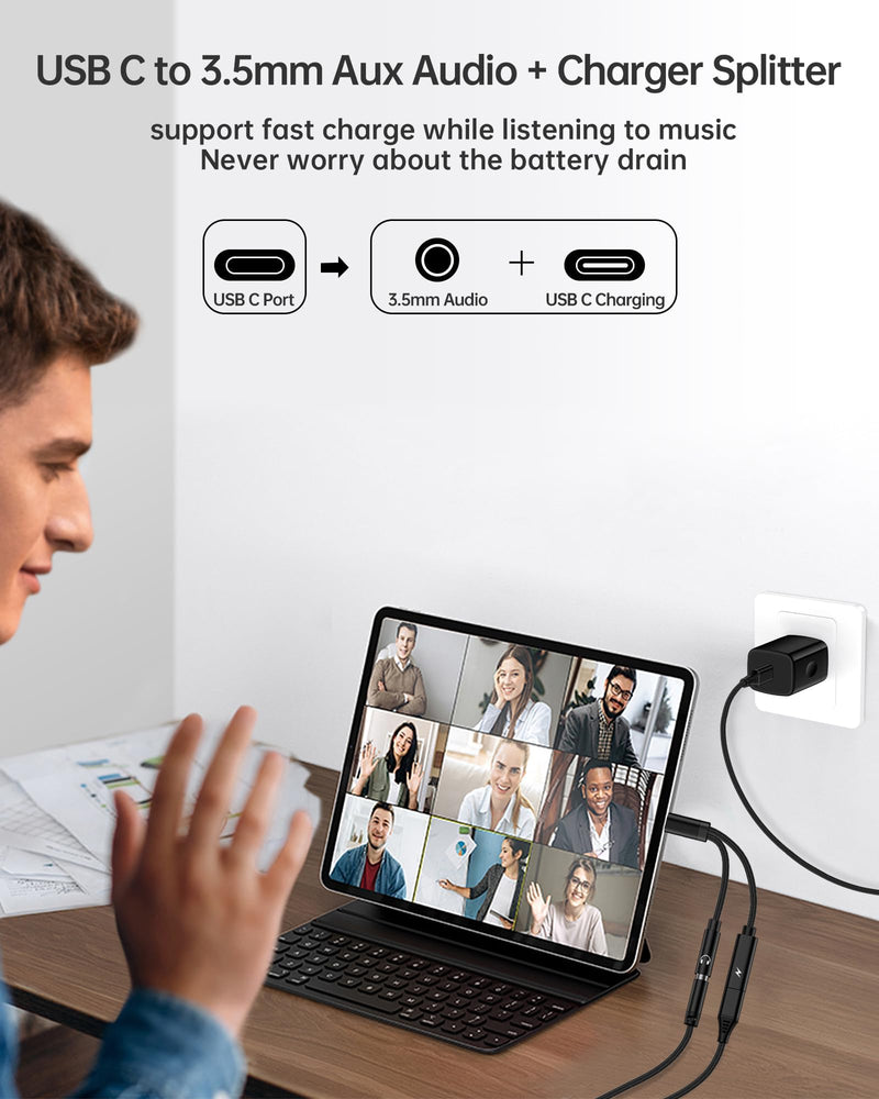 2Pack 2 in 1 USB C to 3.5mm Aux Adapter, Android Dongle C to C Fast Charging for Samsung Galaxy, Apple iPhone 15 Headphone Jack Adapter, 60W PD Aux Audio Cord Adoptor, Aux Male to Female Converter