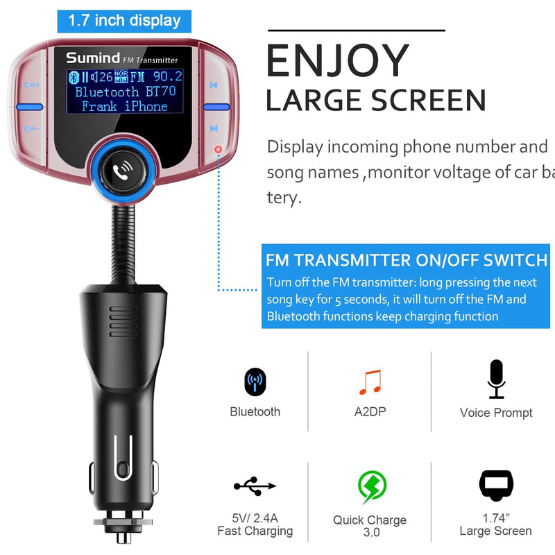(Upgraded Version) Sumind Car Bluetooth FM Transmitter, Wireless Radio Adapter Hands-Free Kit with 1.7 Inch Display, QC3.0 and Smart 2.4A USB Ports, AUX Output, TF Card Mp3 Player(Rose Gold) Rose Gold Normal