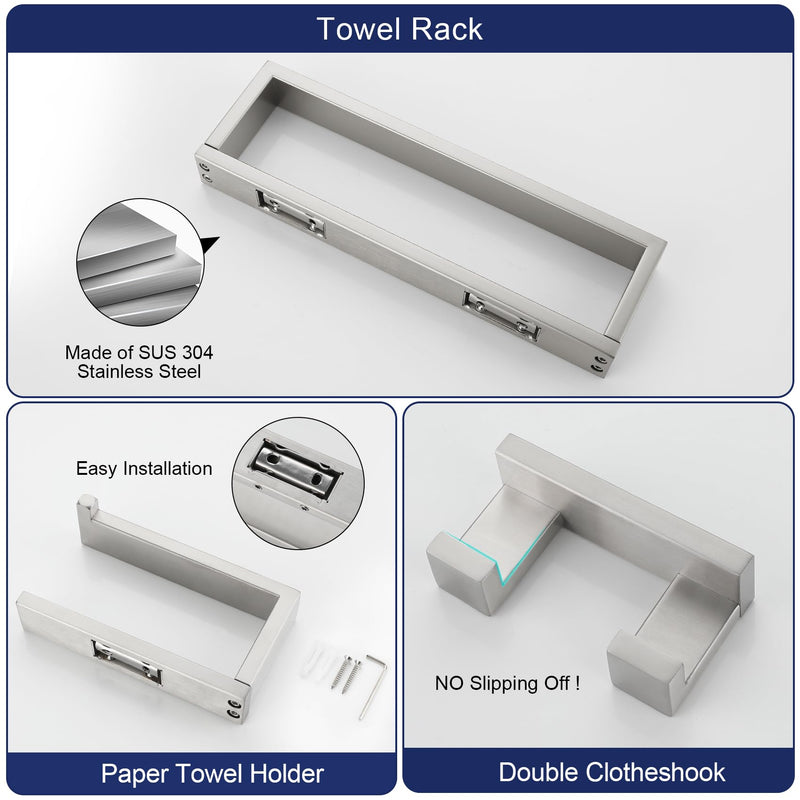 3 Pieces Brushed Nickel Bathroom Hardware Accessories Set,SUS304 Stainless Steel Towel Holder Set Towel Holder Robe Hook Toilet Paper Holder Wall Mounted
