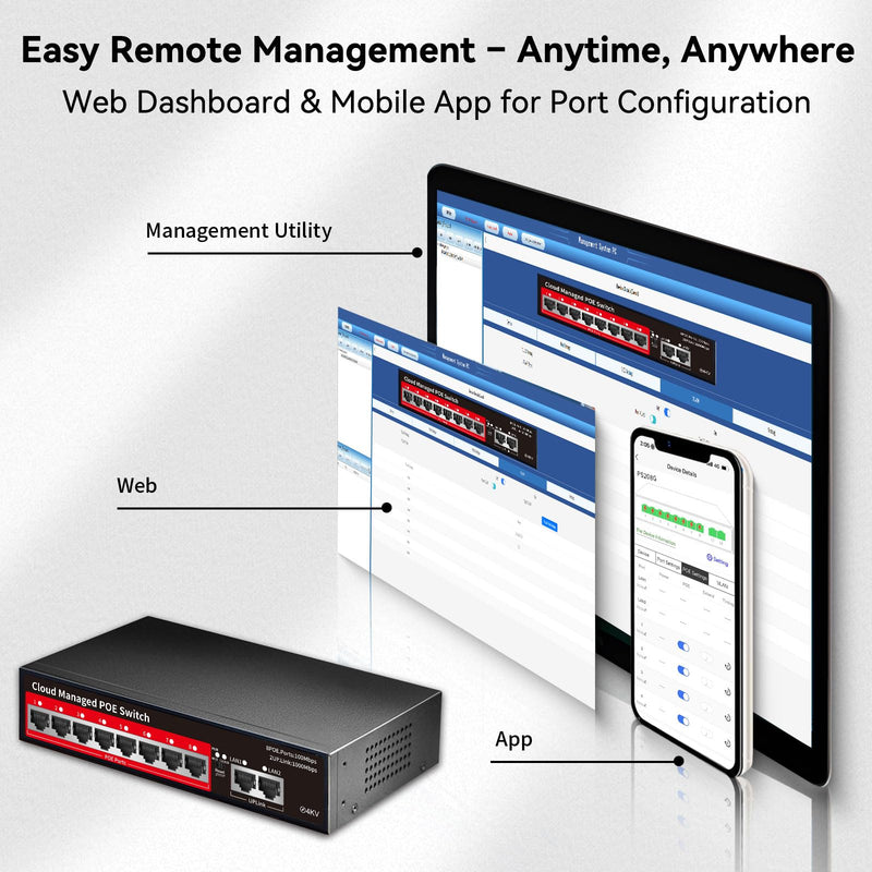 STEAMEMO PoE+ Switch, 8 Port Managed PoE Ethernet Switch(8 POE Ports +2 Uplink),120W Built-in Power, Support VLAN, QoS, Fanless Metal, Plug & Play (Desktop/Wall Mount) 10 Ports|120W 8xPoE+