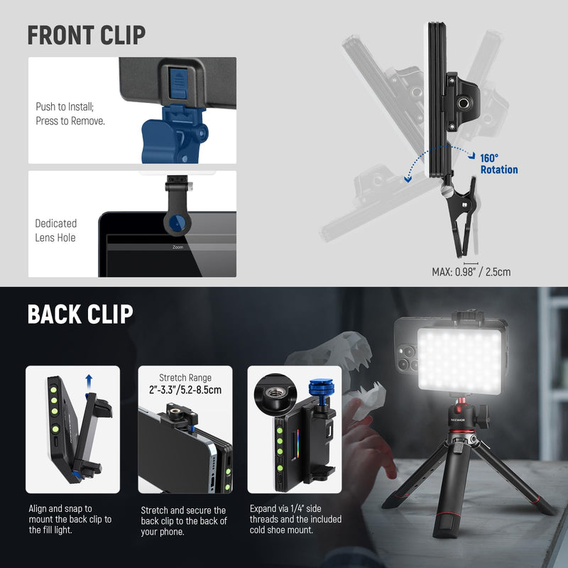 NEEWER VL67C RGB Selfie Light with APP Control, 94 LED CRI97 2000mAh Rechargeable, Cold Shoe Mount as Camera Light, Portable Front & Back Phone Clip for TikTok, Video Conference Light for Laptop