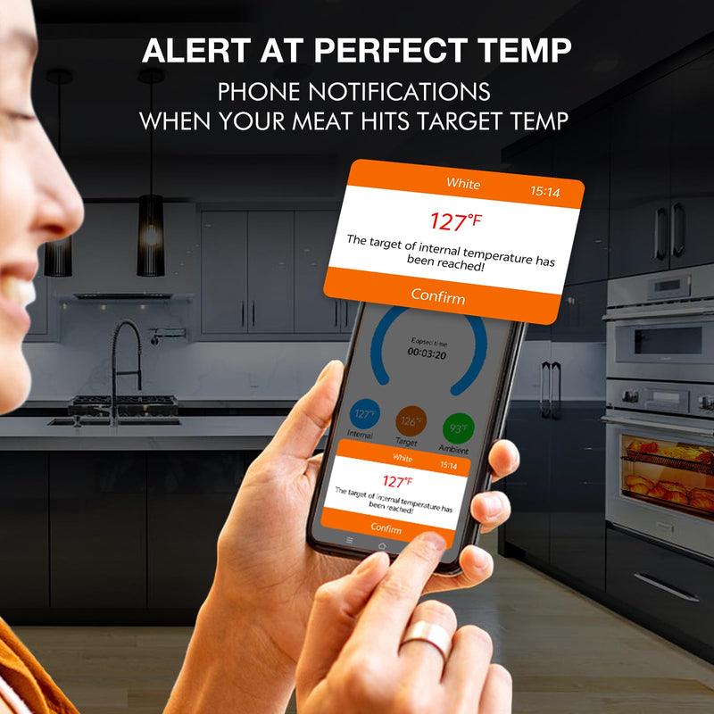 Digital Meat Thermometer Wireless - Smart BT Auto Pairing Food Temperature Thermometer with Dual Wireless Meat Probe for Grill & Oven, Precise Cooking, BBQ