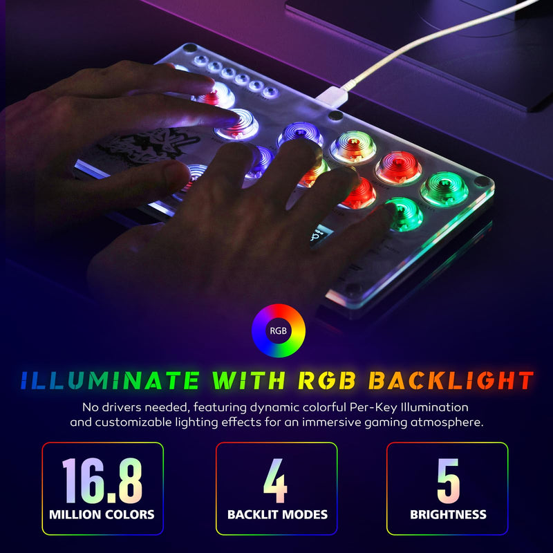 Arcade Stick, Fighting Game Controller 16Keys All-Button Gamerfinger with Custom RGB & Turbo Functions,Arcade Controller Street Fight for PC/Ps3/Ps4/Switch Game Keyboard-Supports Hot Swap & SOCD