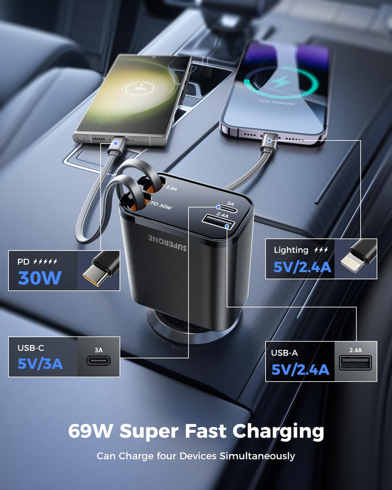 [2024 Upgraded] 4 in 1 Retractable Car Charger, SUPERONE Smaller Fast Car Phone Charger 69W with Cord, USB C and Lightning Car Charger Adapter, Compatible iPhone 15/15 Pro Max/14/13/12/11, Sumsung Black