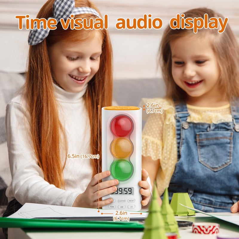 Traffic Light Visual Audio Digital Timer, LCD Display Volume Adjustment, with 4 Ringtones for Kids Classroom Home Kitchen Game Countdown Pause Memory Function Charger Type C Cable Included White