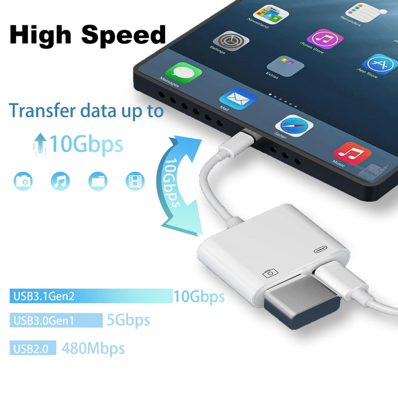 [Apple MFi Certified] Lightning to USB Camera Adapter for iPhone, High-Speed USB Female OTG Cable with Charging Port for iPad to Connect Card Reader, Plug and Play