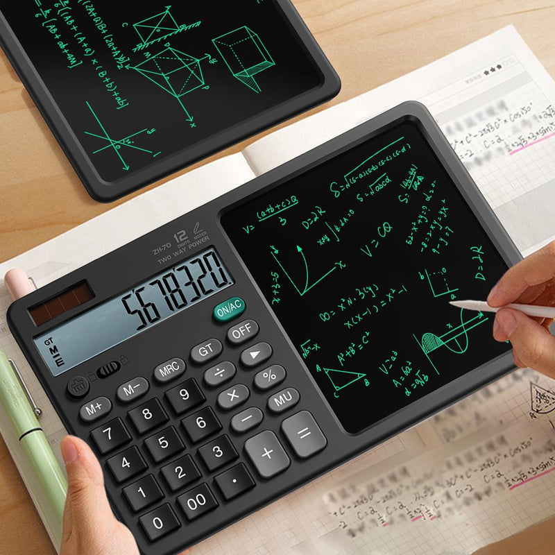 Scientific Calculator with Pull - Out Stylus, 12 - Digit Wide Screen & 100,000+ Reusable Writing Pad, One - Click Clear/Lock, Solar & Battery Dual Power, Portable for School Office Business (Black) Black