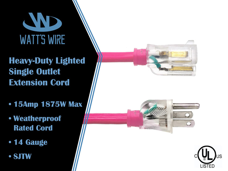 25 ft Outdoor Extension Cord Waterproof - 14 Gauge Heavy Duty Extension Cord 25 ft - Lighted Outdoor Extension Cords - Watts Wire - 25' Grounded - extensiones electricas Pink