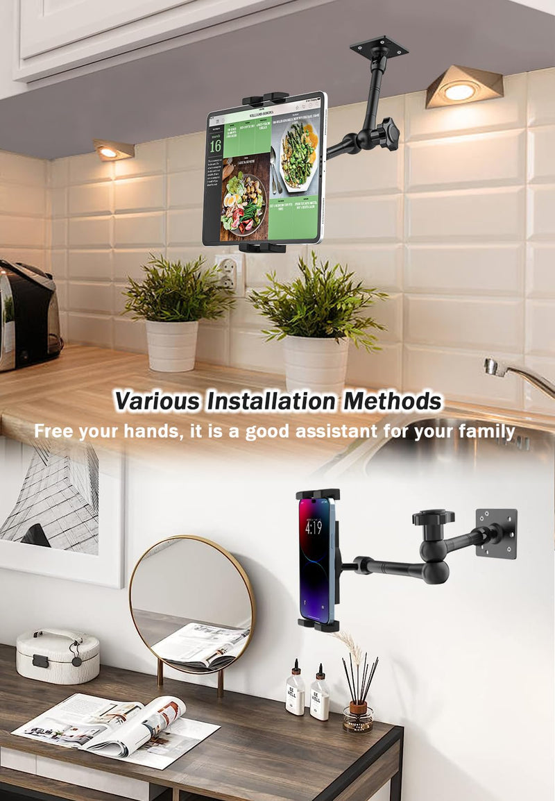 Adjustable Wall Tablet Holder, Tablet Swivel Arm Wall Mount, Drill Base Metal iPad Stand for Kitchen/Bed Room/Counter for 4-12.9" Tablets & Phones, iPad Pro Air Mini, Galaxy Tab, Switch, iPhone Level 2 Long Arm