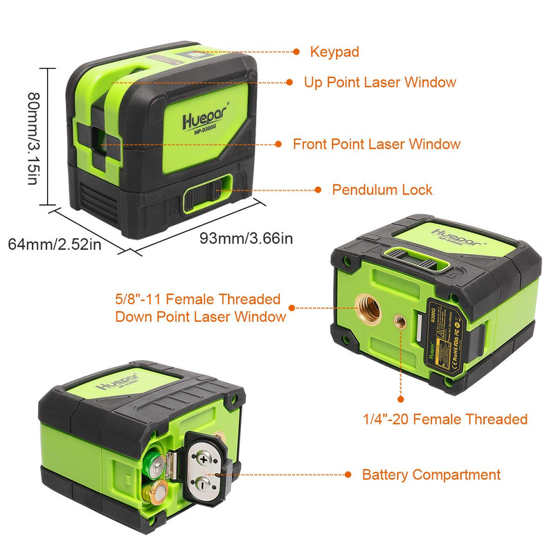 3 - Plumb Dot Laser Leveler Tool (No Laser Line), Huepar 3 Spots Laser Self-Leveling Green Plumb Bob for Soldering and Points Reference Positioning, 197Ft Working Range, Battery Included - 9300G 9300G Laser Level