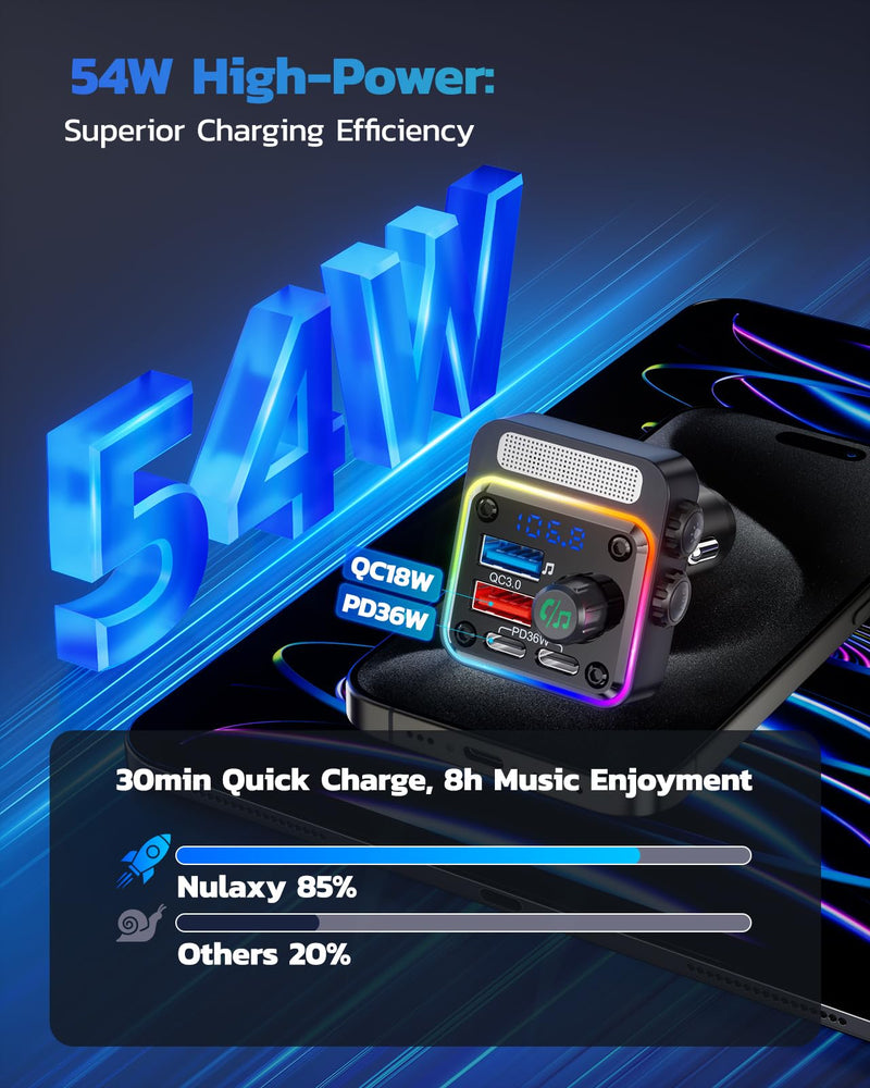 Nulaxy 54W Bluetooth 5.3 Car Adapter with 4 Charging Ports [PD 36W & QC3.0 18W], Wireless Radio FM Transmitter with Deep Bass Player & 5 Colors LED Backlit, Hands-Free Calling - NX16 Black A-Black