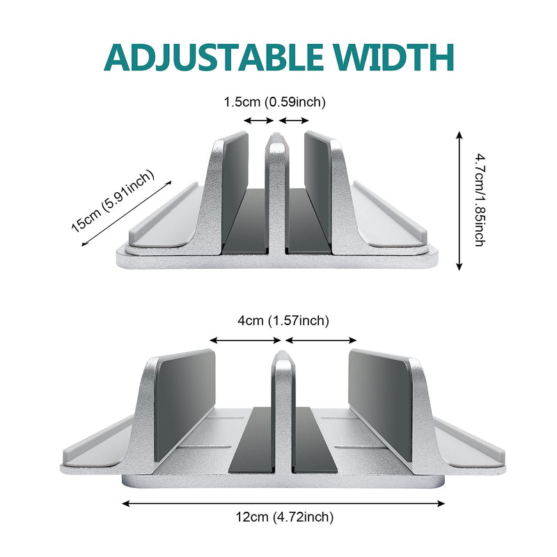 Vertical Laptop Stand for Desk Aluminum Heavy Duty, 4 Slots Adjustable Laptop Holder MacBook Stands Compatible All iPad Surface Samsung HP Chromebook iPad Pro Air Upto 17.5'- Silver 4 Slots Vertical Stand-Sliver
