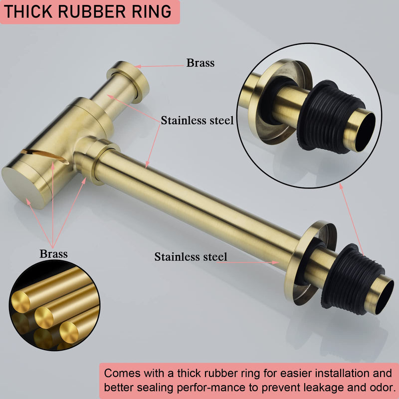 Brass Round Bottle P Trap, Basin Sink Waste Trap Drain Tube Kit Adjustable Height, Brushed Gold Finished