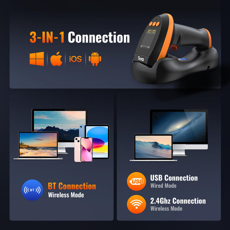 Tera Barcode Scanner Wireless with Screen: Pro Version 1D 2D QR with Setting Keypad Charging Cradle Works with Bluetooth 2.4G Wireless USB Wired Handheld Bar Code Reader HW0009 Orange