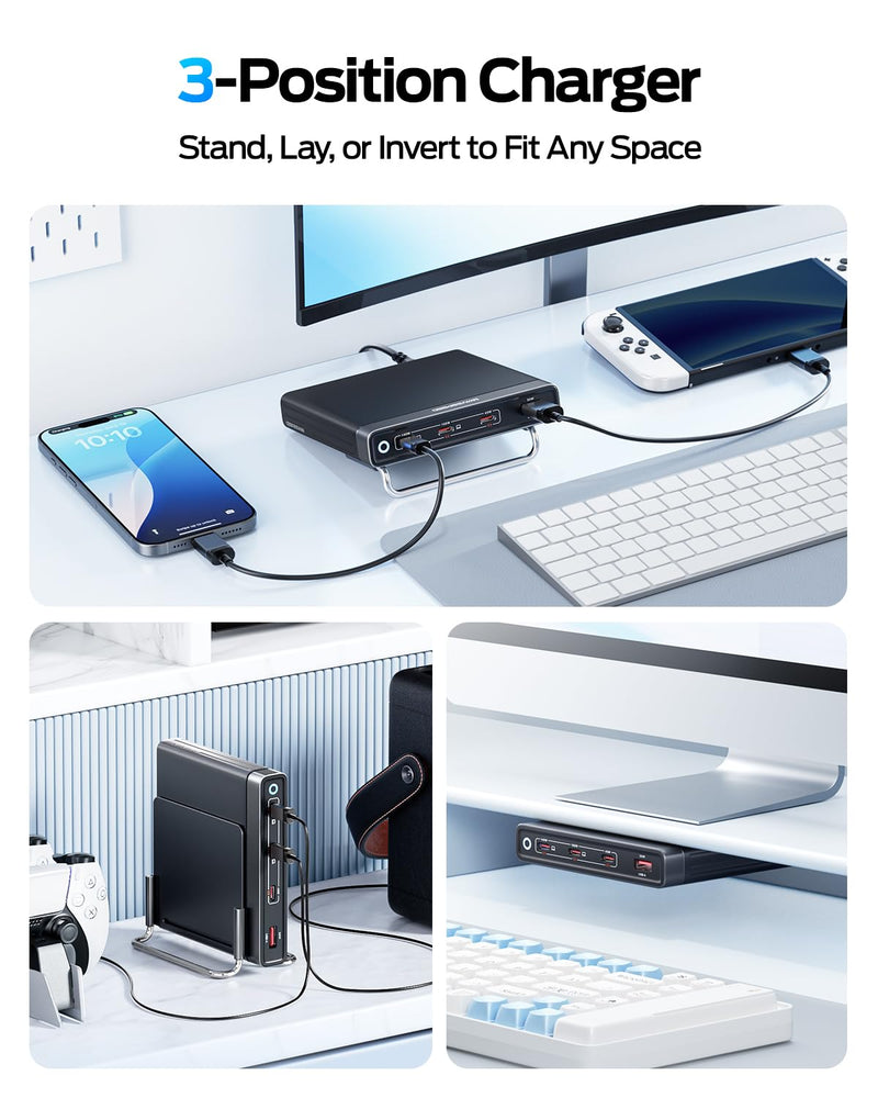 MOVESPEED 165W 4 Port Slim GaN Charging Station, 140W Single Port USB-C Fast Charger with Detachable 5ft Cable & 2 Stands for Laptops, Phones, Tablets (for MacBook/Dell/HP/Samsung etc)