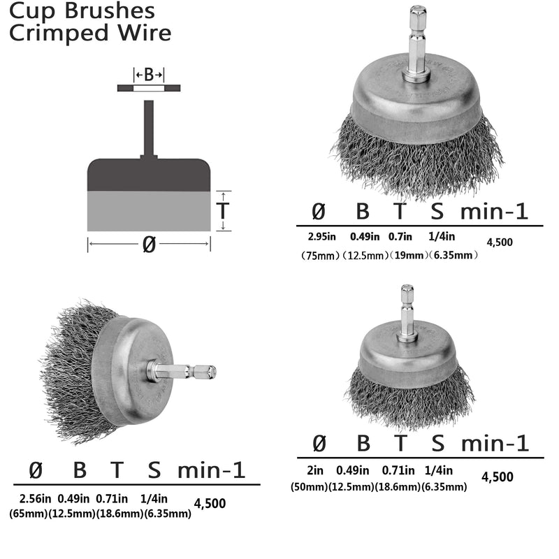 Wire Wheel Cup Brush Set, 0.012-Inch Coarse Crimped Carbon Steel, Die Grinder Wire Brush for Drill, 1/4In Hex Shank, 32 Pack