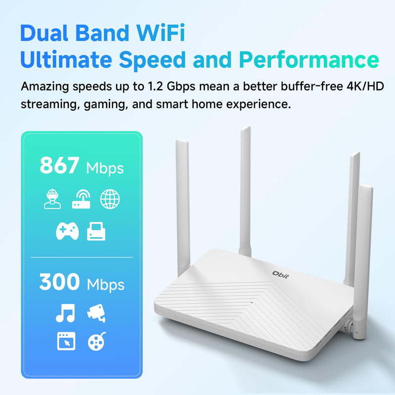 DBIT AC1200 Gigabit WiFi Router 2.4GHz +5GHz Dual Band MU-MIMO Wireless Internet Router, 4 x 10/100/1000Mbps Ethernet Ports, 4 x 5dBi Antennas, Support Router, AP, Repeater Mode, EasyMesh, White