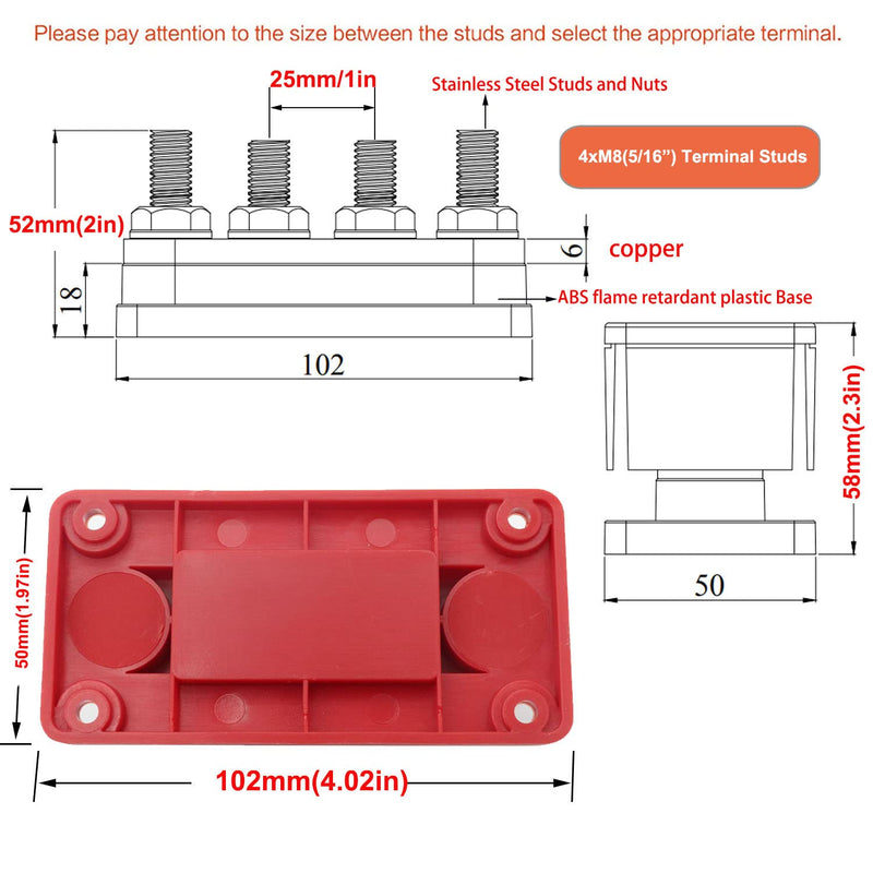 300A Bus Bar Marine Power Distribution Block with Cover 4X 5/16" (M8) Terminal Studs with Cover Marine Battery Bus Bar 12V - 48V for Automotive Car Boat 300A-4x 5/16"- Black& Red