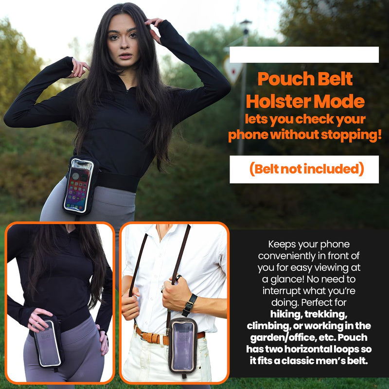 Ultimate 3-in-1 Essentials Carrier: Running Handheld Phone Holder, Hiking Pouch Belt Holster & Fitness Armband Case - with Clear Window, Fits iPhones and Most Androids - Water Resistant, Adjustable! Stylish Black