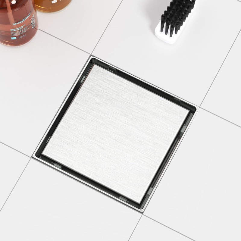 Neodrain 6" Tile Square Shower Drain with Removable Tile Insert Grate,304 Stainless Steel Tile Square Drain, CUPC Certified, Hidden Drain Easy to Clean(Brushed, 6 in) Brushed
