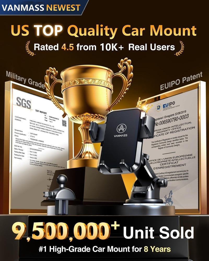 [2025 Ultimate] Car Phone Holder VANMASS【MAX Stable & Durable】Military-Grade Suction Cell Mount Truck Stand Cradle for Dashboard Windshield Vent for iPhone 16 Pro Max 15 14 13 12 Samsung S24 Android Black