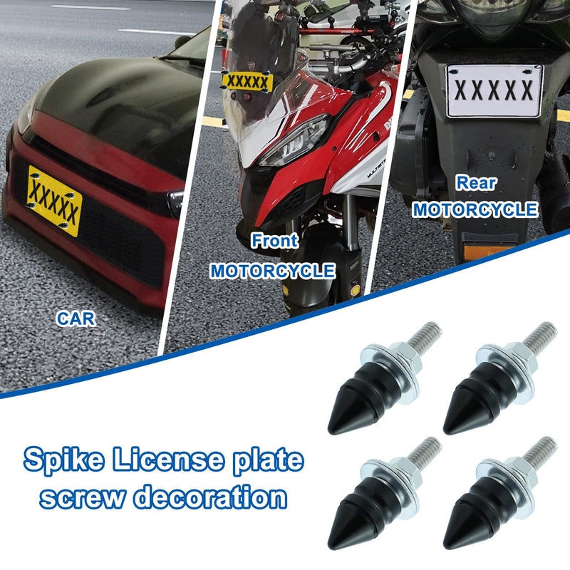 Spike License Plate Screw Fasteners Kit License Plate Bolts Decoration Stainless Steels Aluminum Alloy Universal Fit Most Cars Truck Motorcycle 4 Pcs (Black) Black