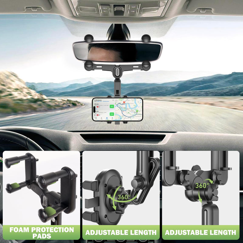 Rear View Mirror Phone Holder For Car - Multifunctional 360 Rotatable Car Rearview Mirror Phone Holder, With Retractable Curved Handle, Fixed At Four Corners, Car Phone Holder For All Phone Bendable black