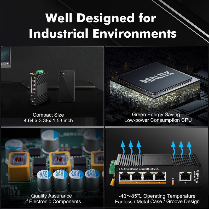 MokerLink 5 Port PoE Industrial DIN-Rail Network Switch, 60W IEEE802.3af/at PoE Power, 10/100Mbps Fast Ethernet, IP40 Rated Network Switch (-40 to 185°F), with UL Power Supply 5*100M POE
