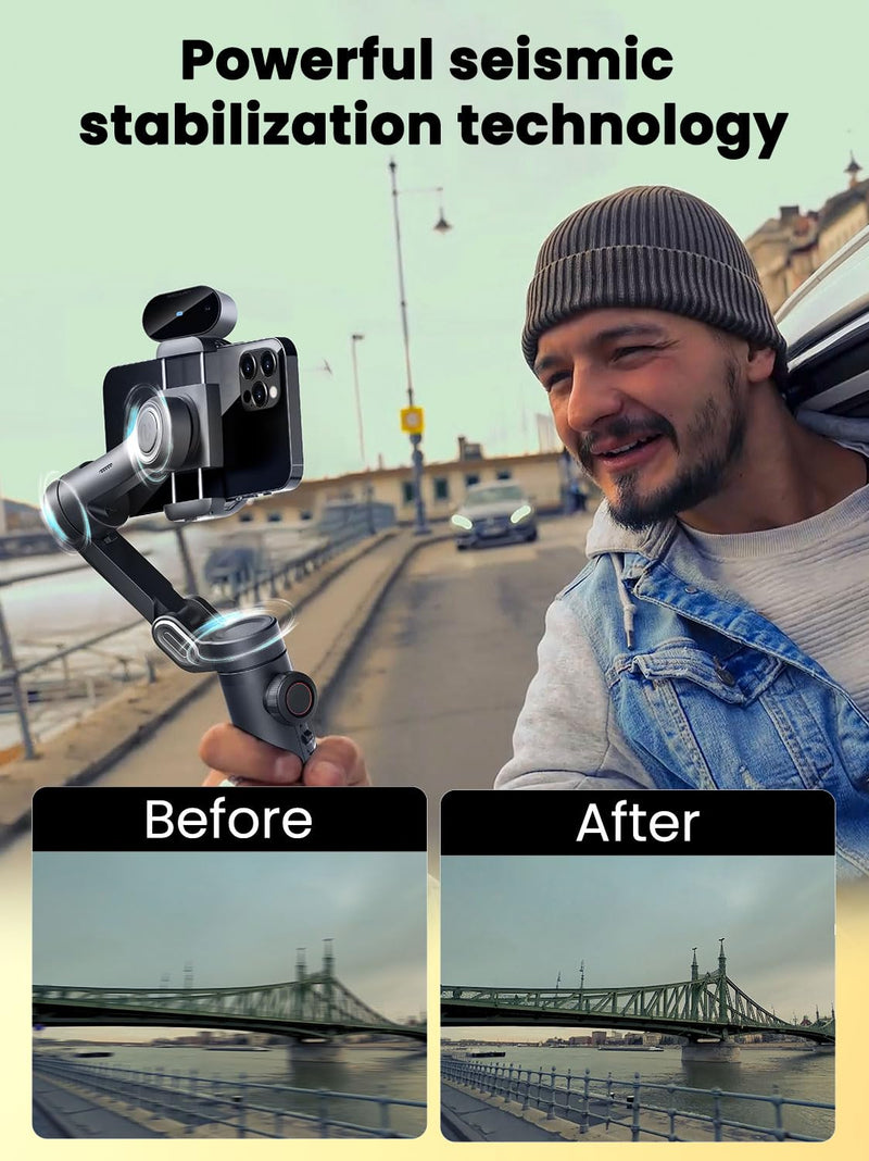 AOCHUAN XE AI Version,Gimbal Stabilizer for Smartphone,NO APP AI Tracking, Gesture Control,360°Inception Gimbal with TikTok YouTube,3-Axis Foldable Handheld Tripod for iPhone& Android,Black Smart XE AI